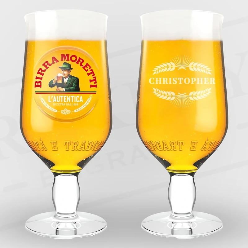 Personalised Birra Moretti pint glass engraved with custom message