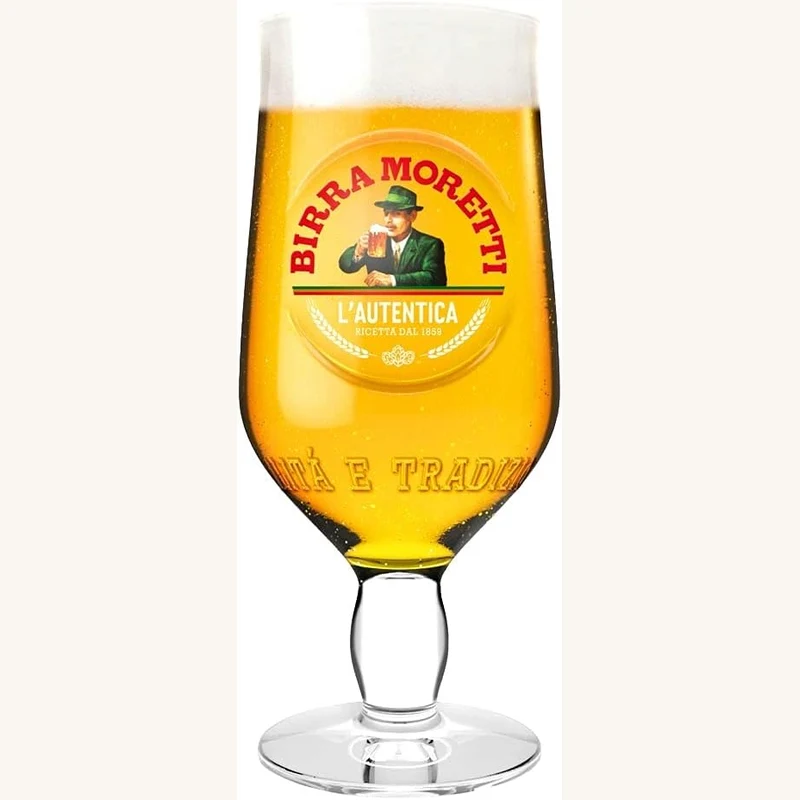 Two Birra Moretti half pint chalice glasses